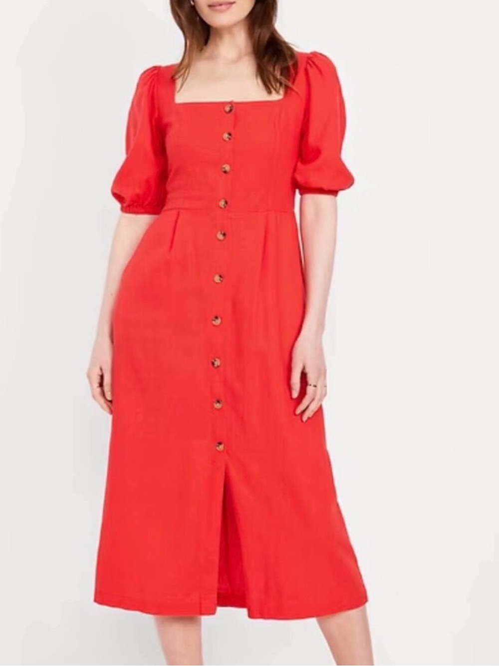 Coral Red Puff Sleeve Square Neck Linen Blend Button-Down Dress